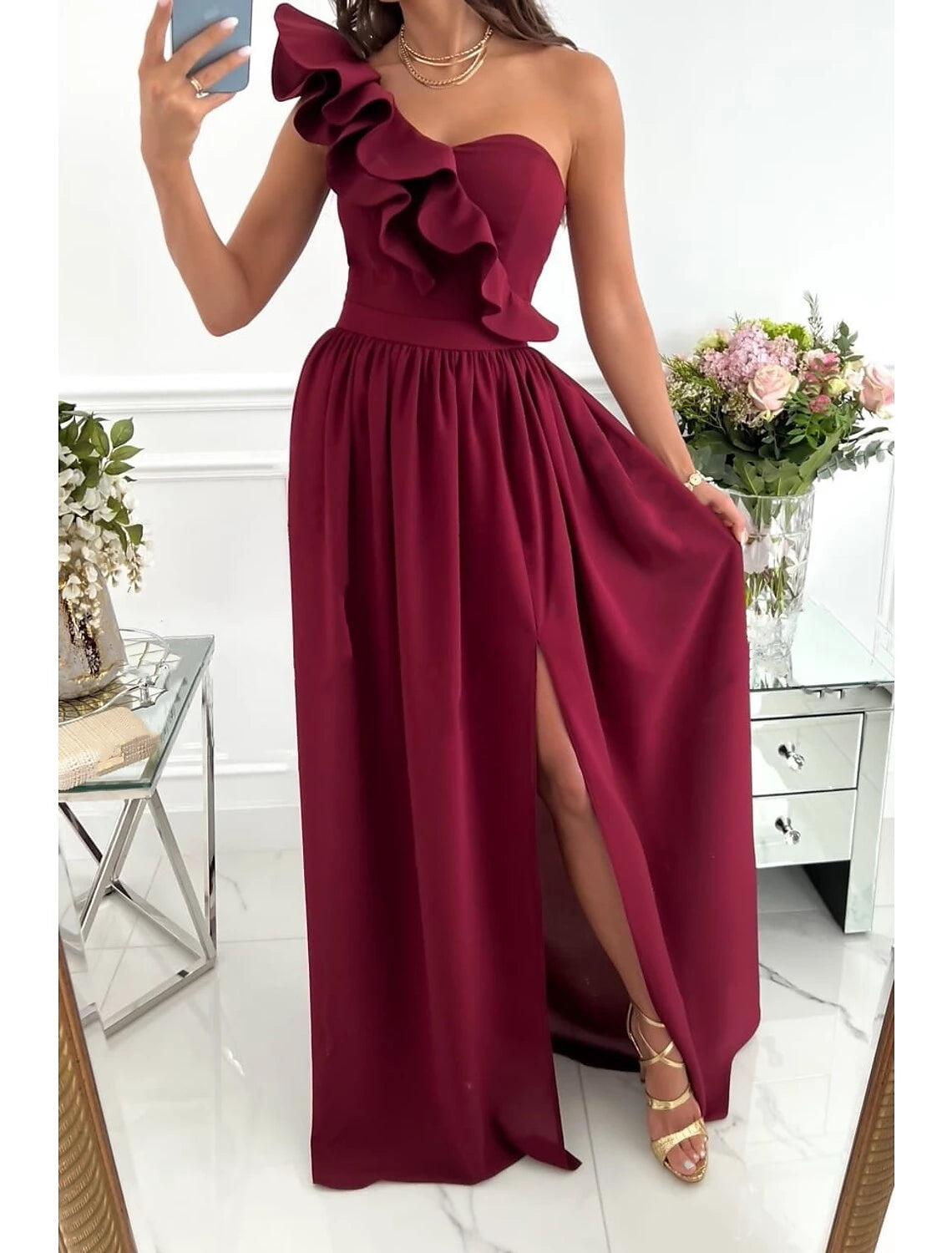 Women's Sleeveless Pure Color Patchwork Cold Shoulder Long Maxi Homecoming Dress